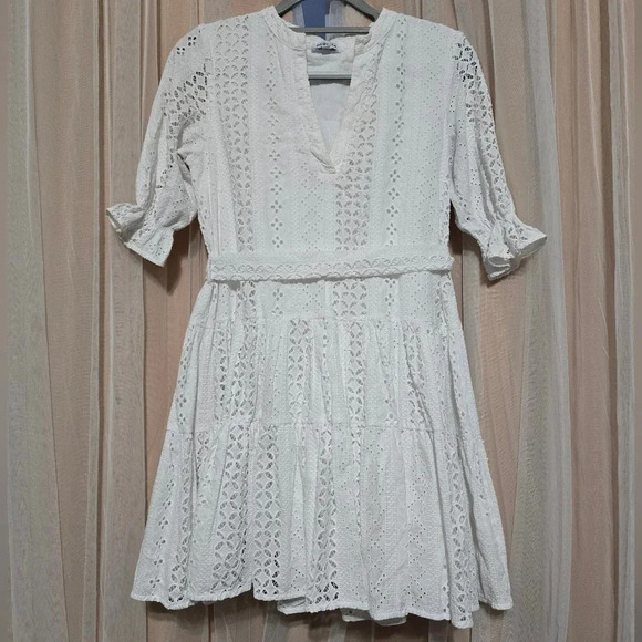 Paolita White Cotton Eyelet Fit & Flare Mini Dress, 3/4 Ruffle Sleeves, EUC! - Picture 1 of 11